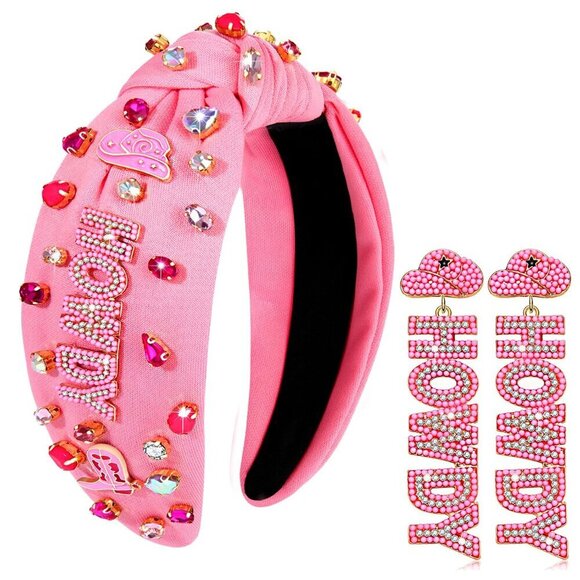 Western Knotted Headband for Women Pink Cowgirl Beaded Rhinestone Accessories